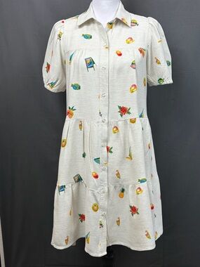 Jane and Delancey Cream Linen Blend Button-Front Pineapple Mango Mini Dress SM